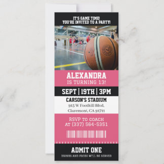 Pink Basketball Ticket Birthday Party Invitation