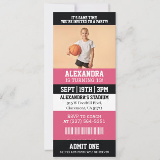 Pink Basketball Ticket Birthday Photo Invitation