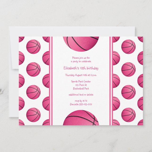 pink basketballs pattern sports birthday party invitation (Front)
