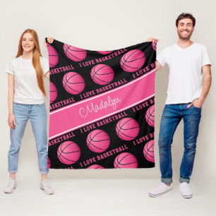 pink basketballs w I love basketball text pattern Fleece Blanket