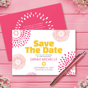 Pink Bat Mitzvah Bold Starburst Cool Modern Groovy Save The Date
