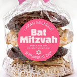 Pink Bat Mitzvah Bold Typography Cool Retro Groovy Classic Round Sticker<br><div class="desc">Be proud, rejoice and showcase this milestone of your favourite Bat Mitzvah! Use this stylish pop, personalised sticker to add to her special day. Fun, groovy, blush pink and white modern sans serif typography and Star of David overlay a bold coral pink background. Personalise the custom text with her name,...</div>