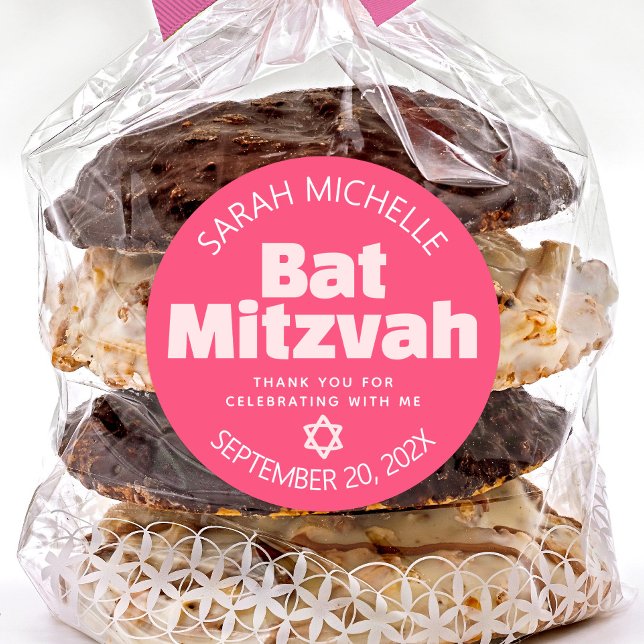Pink Bat Mitzvah Bold Typography Cool Retro Groovy Classic Round Sticker (Creator Uploaded)