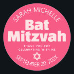 Pink Bat Mitzvah Bold Typography Cool Retro Groovy Classic Round Sticker<br><div class="desc">Be proud, rejoice and showcase this milestone of your favourite Bat Mitzvah! Use this stylish pop, personalised sticker to add to her special day. Fun, groovy, blush pink and white modern sans serif typography and Star of David overlay a bold coral pink background. Personalise the custom text with her name,...</div>