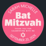 Pink Bat Mitzvah Bold Typography Cool Retro Groovy Classic Round Sticker<br><div class="desc">Be proud, rejoice and showcase this milestone of your favourite Bat Mitzvah! Use this stylish pop, personalised sticker to add to her special day. Fun, groovy, blush pink and white modern sans serif typography and Star of David overlay a bold coral pink background. Personalise the custom text with her name,...</div>