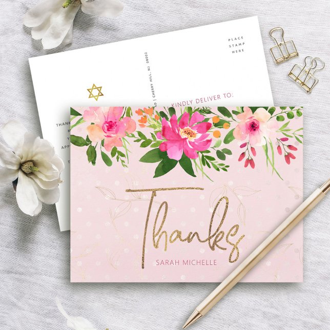 Pink Bat Mitzvah Floral Gold Script Thank You Bold Postcard (Creator Uploaded)