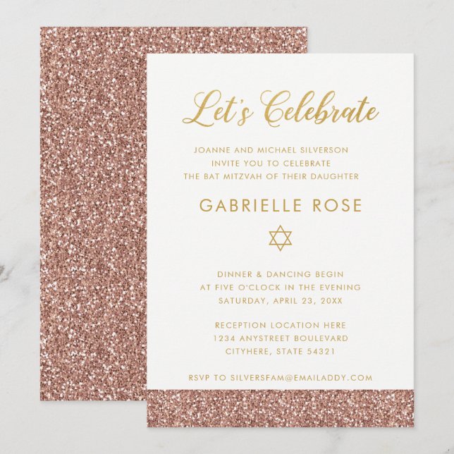 Pink Bat Mitzvah Rose Gold Glitter Reception Party Invitation (Front/Back)