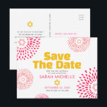 Pink Bat Mitzvah Save the Date Modern Starburst Invitation Postcard<br><div class="desc">Make sure all your friends and relatives will be able to celebrate your daughter’s milestone Bat Mitzvah! Send out this fun, boho retro, personalised “Save the Date” announcement postcard. Retro hot pink and coral flower starbursts with Stars of David, as well as bold modern yellow hot pink and dark grey...</div>