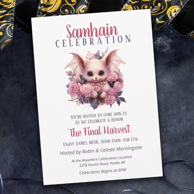Pink Bat Samhain Harvest Halloween Party Invitation (Creator Uploaded)