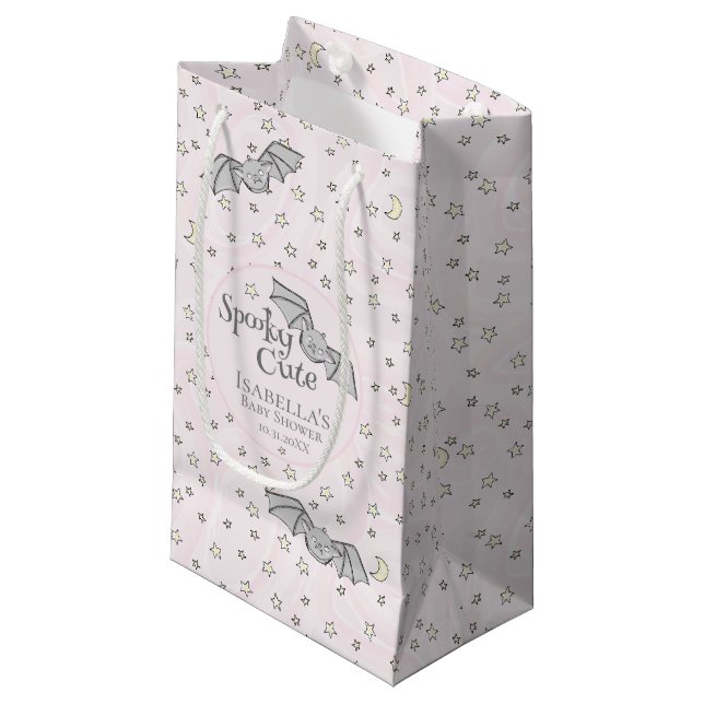 Pink Bats Spooky Cute Baby Shower Small Gift Bag (Front Angled)
