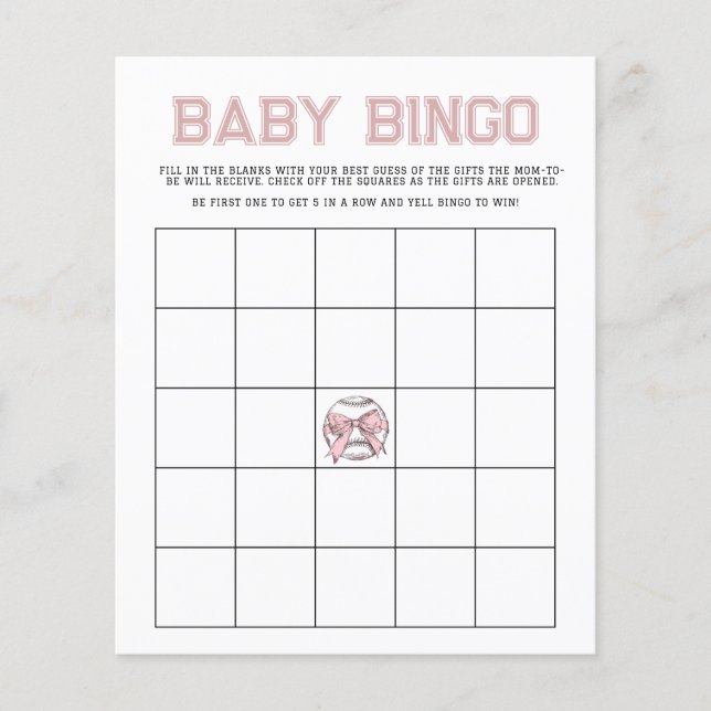 Pink Batter Up Baseball Baby Bingo Game (Front)