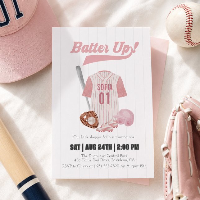 Pink Batter Up Baseball First Birthday Invitation (Creator Uploaded)