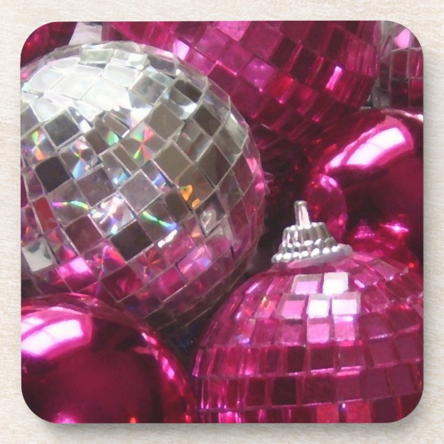 Pink Baubles cork back coaster (Front)