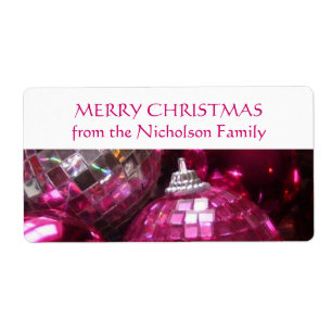 Pink Baubles gift tag 'Family name' label white