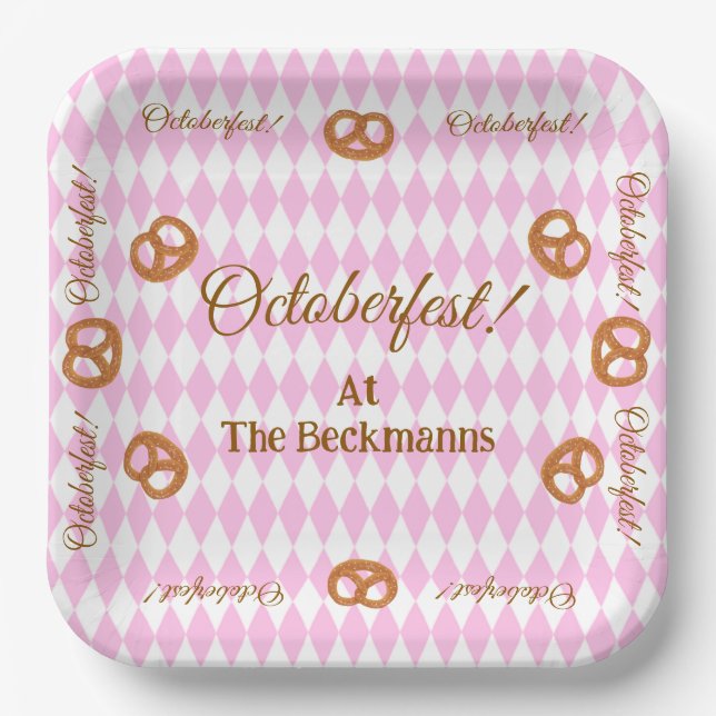 Pink Bavarian Octoberfest Pretzels Personalise Paper Plate (Front)