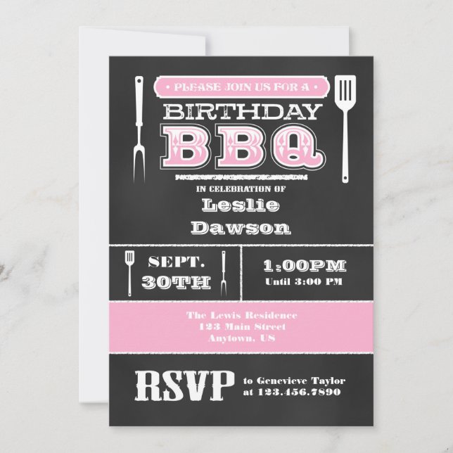 Pink BBQ Birthday Chalkboard Invitation (Front)