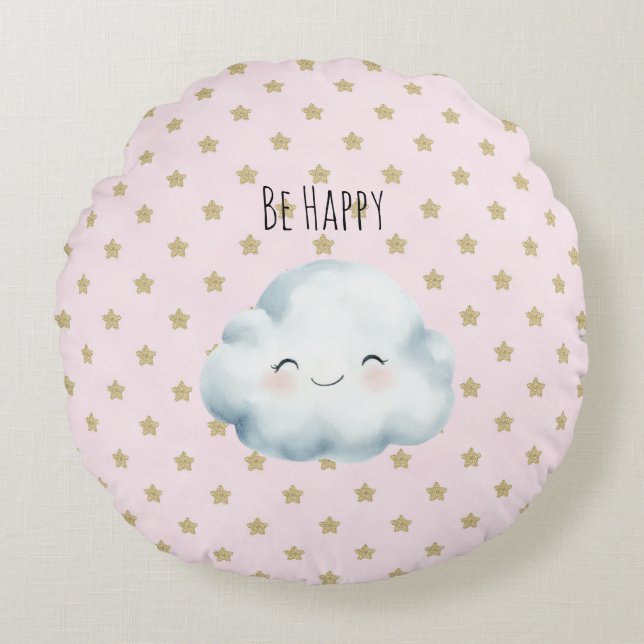 Pink Be Happy Cloud Gold Stars Round Cushion (Front)