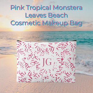 Pink Beach Monstera Tropical Leaves  Accessory Pou Pouch