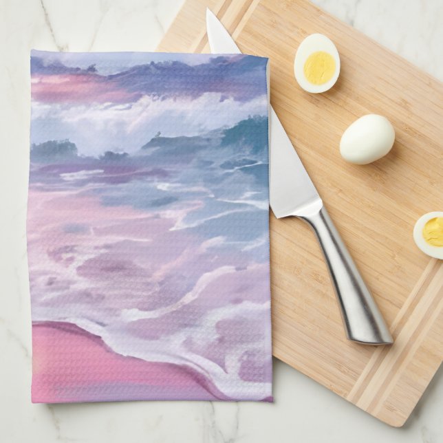 Pink Beach Ocean Shore Coastal Painting  Tea Towel (Quarter Fold)