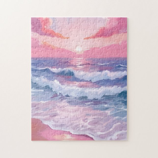 Pink Beach Ocean Shore Painted Jigsaw Puzzle (Vertical)