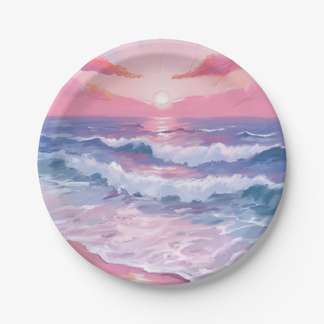 Pink Beach Ocean Shore Painted Paper Plate (Front)