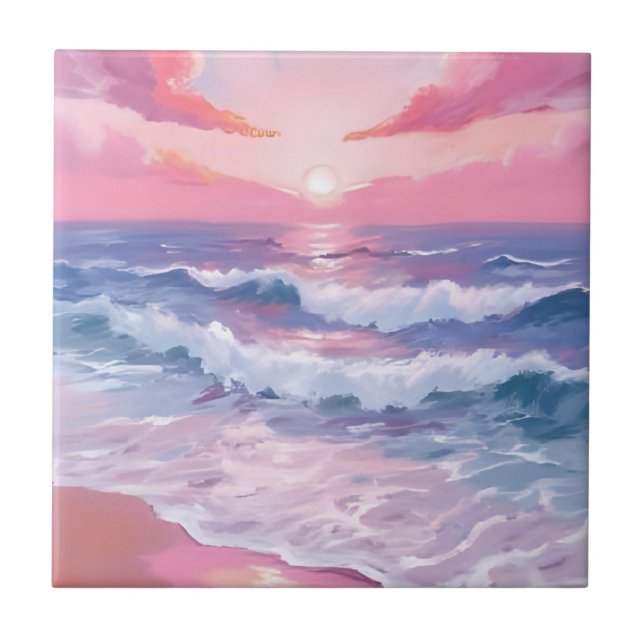 Pink Beach Ocean Shore Painting Art Tile (Front)