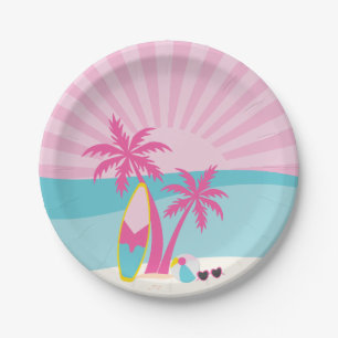 Pink Beach Palm Birthday Paper Plate