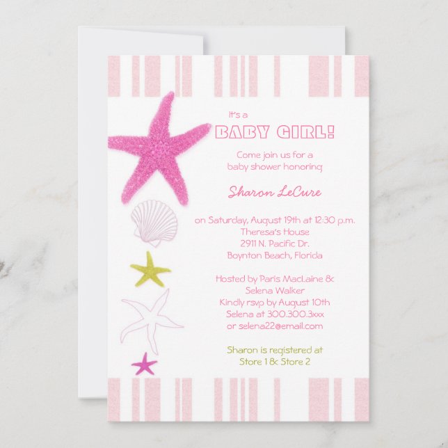 Pink Beach Starfish Stripes Baby Girl Baby Shower Invitation (Front)