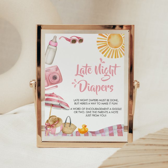 Pink Beach Summer Baby Shower Late Night Diapers Poster (Splish Splash Baby Shower Late Night Diapers Sign)