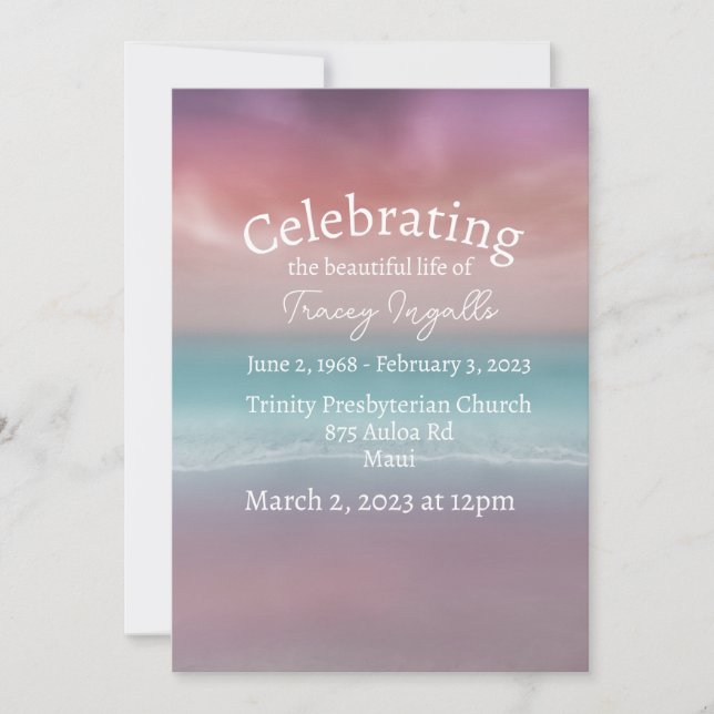 Pink Beach Sunset Celebration of Life Invitation (Front)