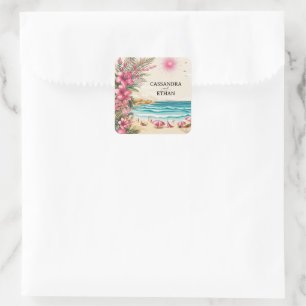 Pink Beach Wedding Square Sticker