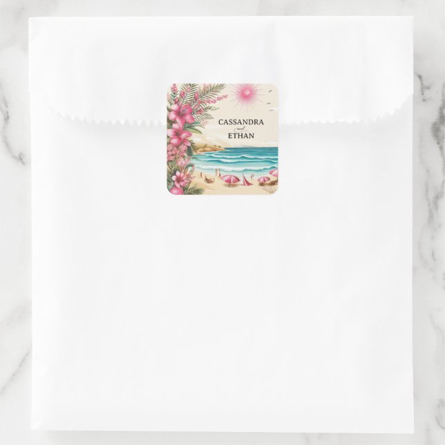 Pink Beach Wedding Square Sticker (Bag)