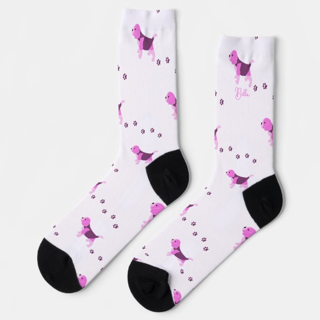 PINK BEAGLE DOG ART PUPPY PAW PRINTS NAME WHITE SOCKS (Left)