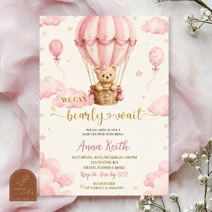 Pink Bear Air Ballon Baby Shower Invitation