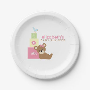 Pink Bear and Toy Blocks Baby Shower Paper Plate
