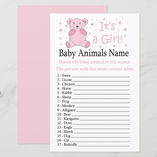 Pink bear Baby Animals Name Game (Front/Back)