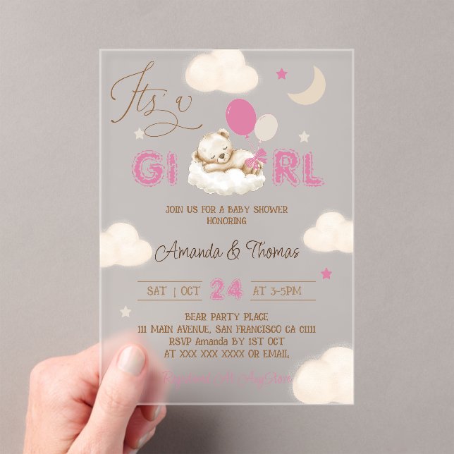 Pink Bear Baby Shower Acrylic Invitations (Insitu (Handheld))