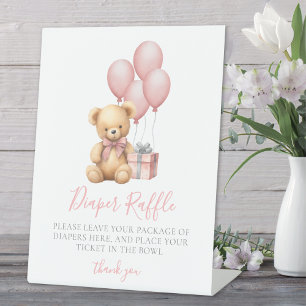 Pink Bear Baby Shower Diaper Raffle Enclosure Card Pedestal Sign