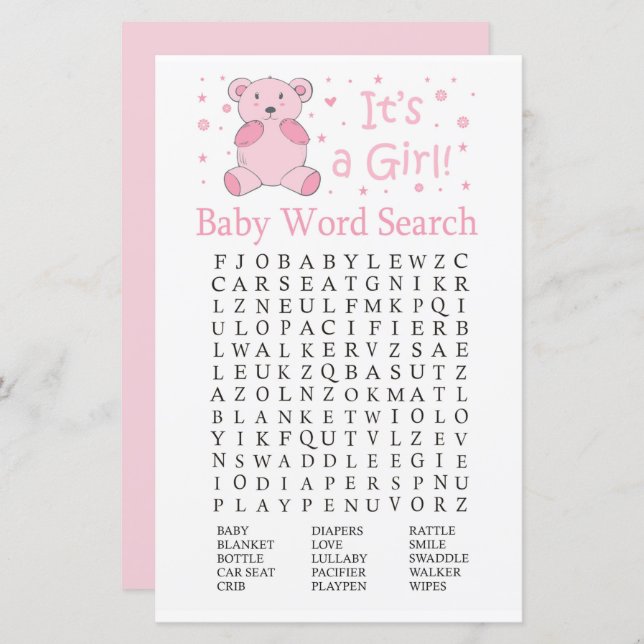 Pink bear Baby Shower Word Search Game (Front/Back)