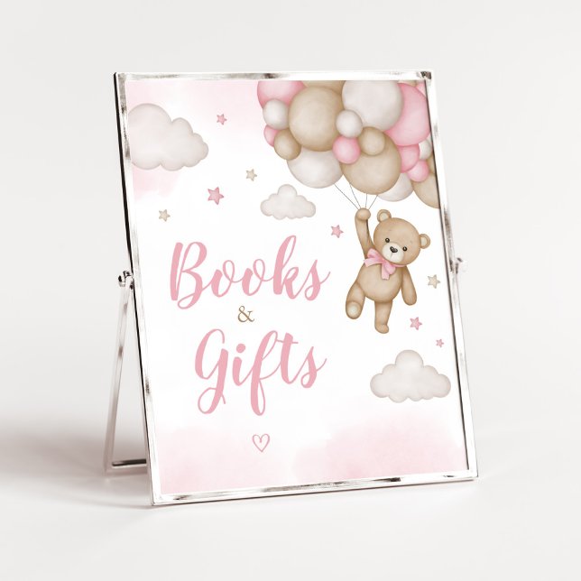 Pink Bear Balloon Baby Shower Books and Gifts Poster (Girl Bear Baby Shower Books and Gifts Sign)