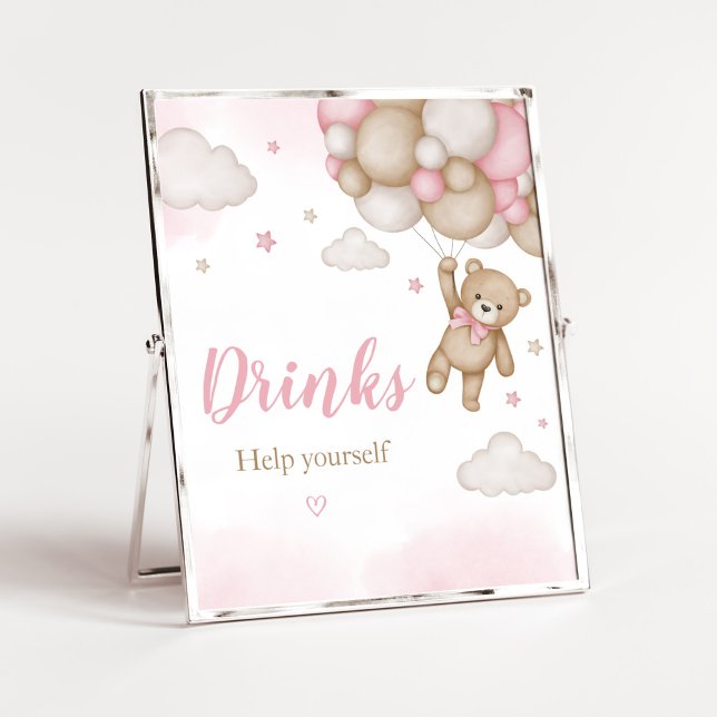 Pink Bear Balloon Baby Shower Drinks Poster (Girl Bear Baby Shower Drinks Sign)