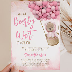 Pink Bear Balloon Baby Shower Invitation