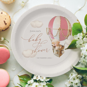 Pink Bear Balloon Baby Shower Paper Plate