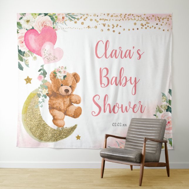 Pink Bear Balloon Baby Shower Sign Tapestry (In Situ (Horizontal))