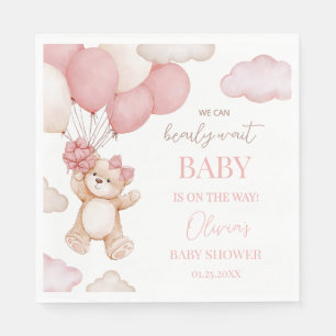Pink Bear Balloon Bearly Wait Baby Shower Napkin