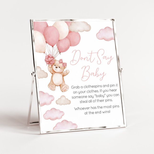 Pink Bear Balloon Bearly Wait Don't Say Baby Poster (Pink Baby Bear Balloon Baby Shower Don't Say Baby Sign)