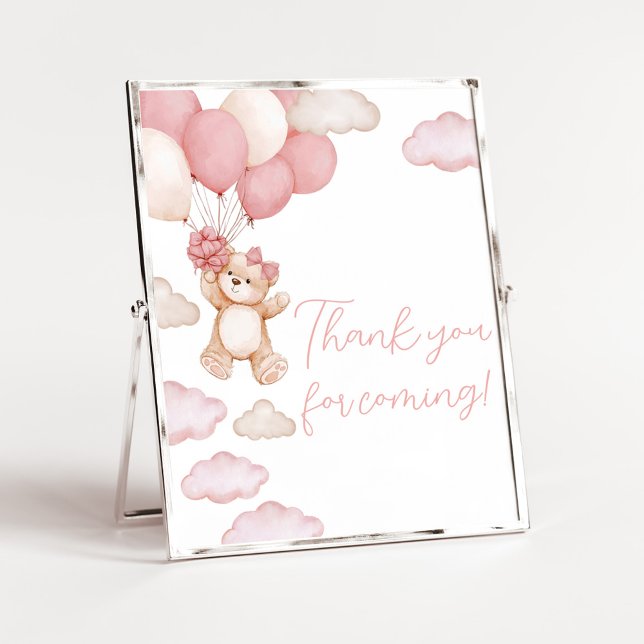 Pink Bear Balloon Bearly Wait Thank you for Coming Poster (Pink Baby Bear Balloon Baby Shower Thank you for Coming Sign)