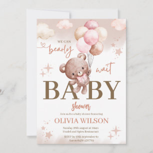 Pink Bear Balloons Baby Shower Invitation