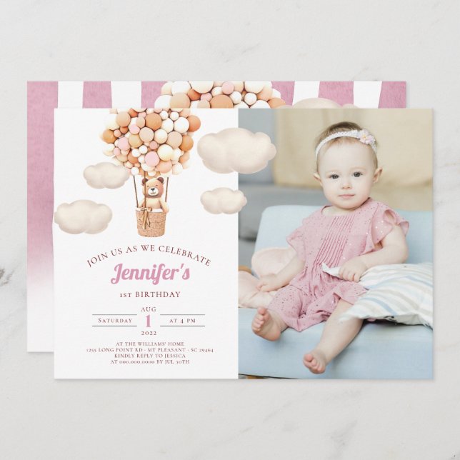 Pink Bear Balloons First Birthday Girl Invitation (Front/Back)