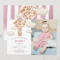 Pink Bear Balloons First Birthday Girl Invitation
